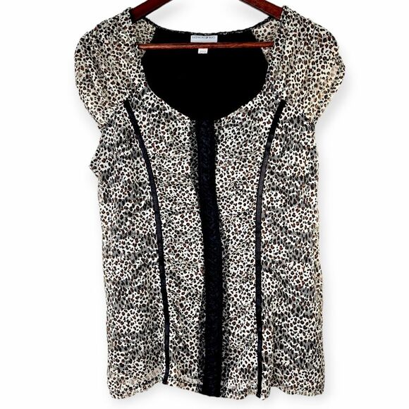 Fashion Bug Leopard Cheetah Ruched Mesh Lace Stretch Blouse Top Sz L - Picture 1 of 10